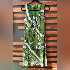 Talbots Women’s 100%Silk Green White Black Floral and Butterfly Sheath Dress 6P